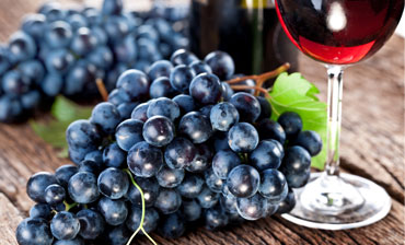 Large bunch of black grapes next to glass of red wine